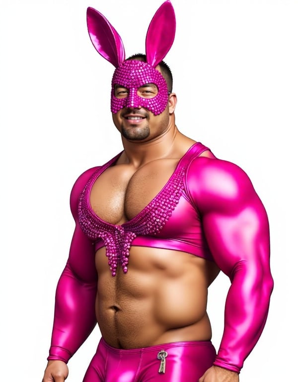 Man wearing a vibrant hot pink shiny rabbit mask and a matching hot pink metallic crop top with a large beaded embellishme...