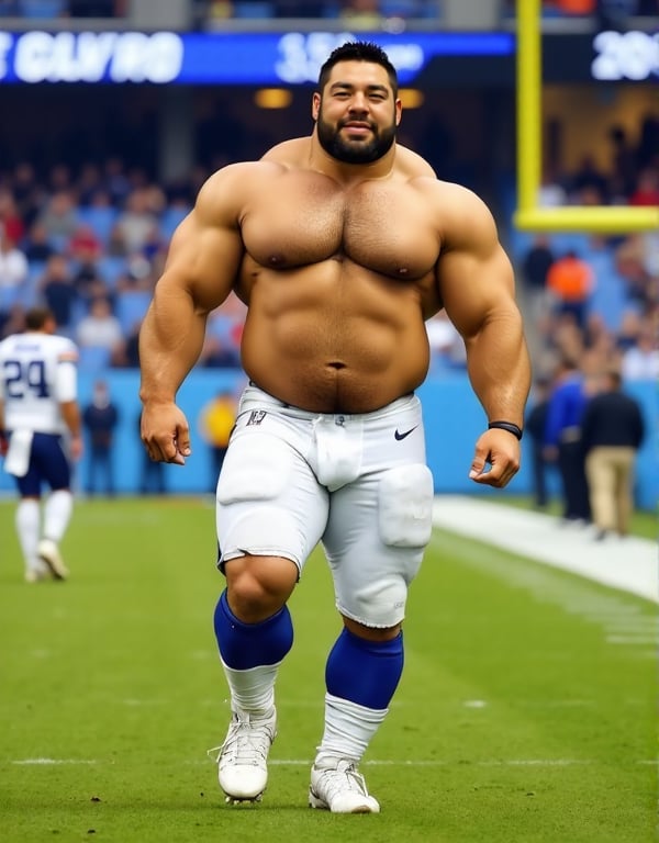 wide angle,  full body shot,  An ultra-realistic photograph portraying a huge giant barechested nfl football quarterback w...