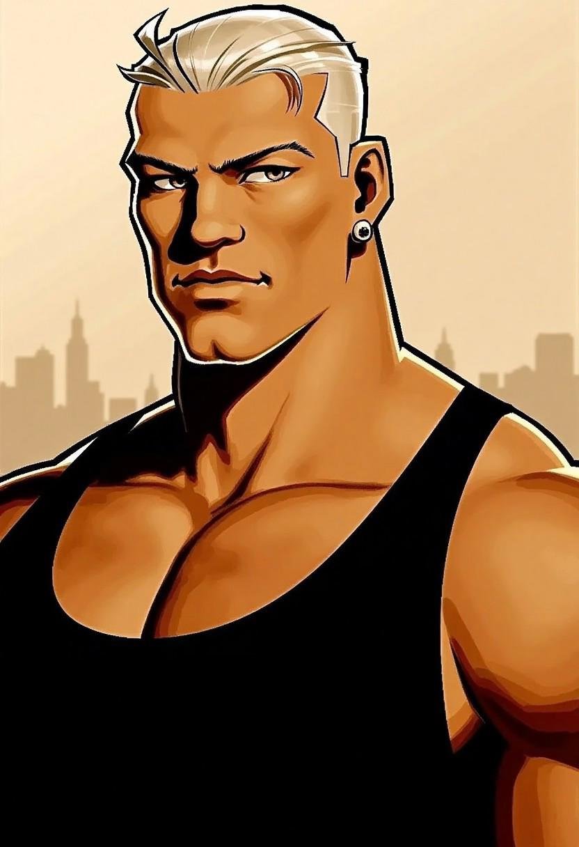 close up of a muscular male character with a strong jawline and intense gaze,  exuding confidence and strength. He has sho...