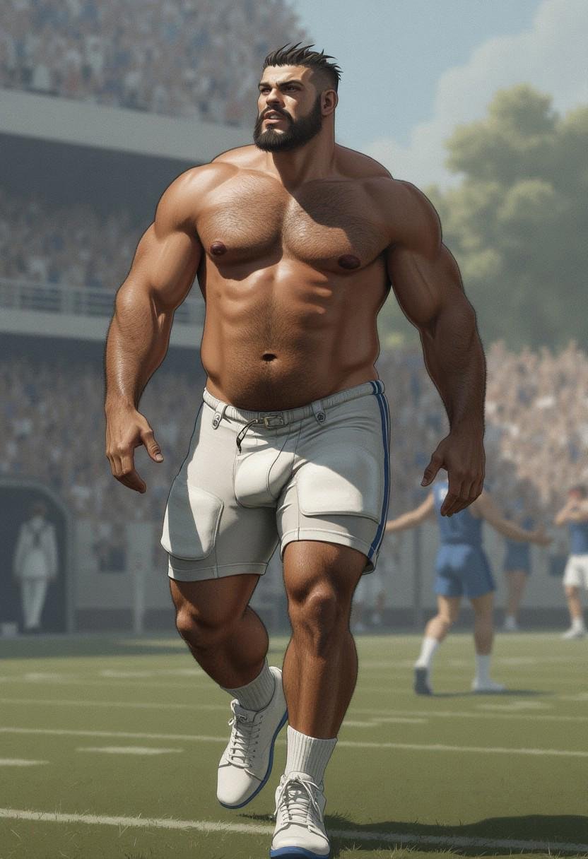 wide angle,  full body shot,  An ultra-realistic photograph portraying a huge giant barechested nfl football quarterback w...