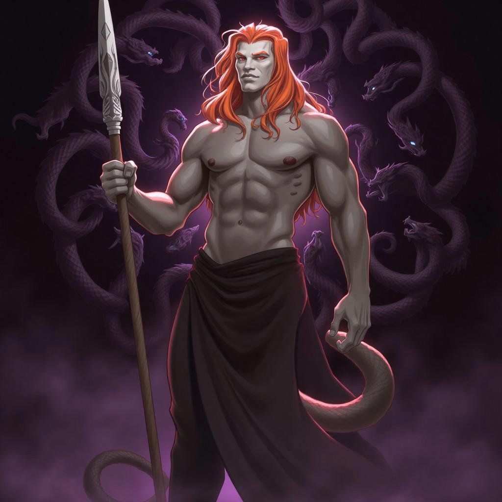 An imposing figure of a muscular,  ethereal man stands against a dark,  mystical backdrop by Jahangir on Tensor.Art