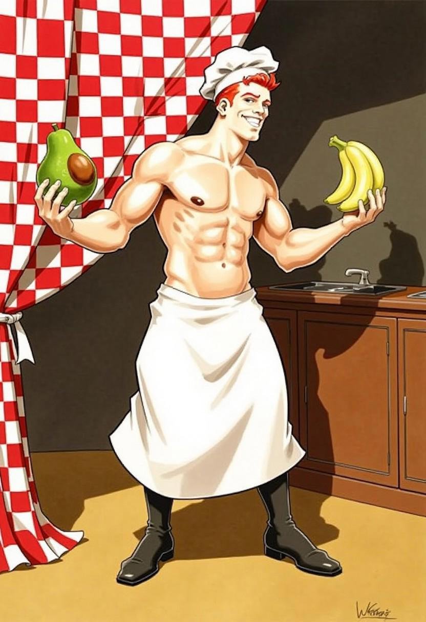 A colorful illustration featuring a buff and muscular chef character. He stands confidently in a playful pose,  holding a...
