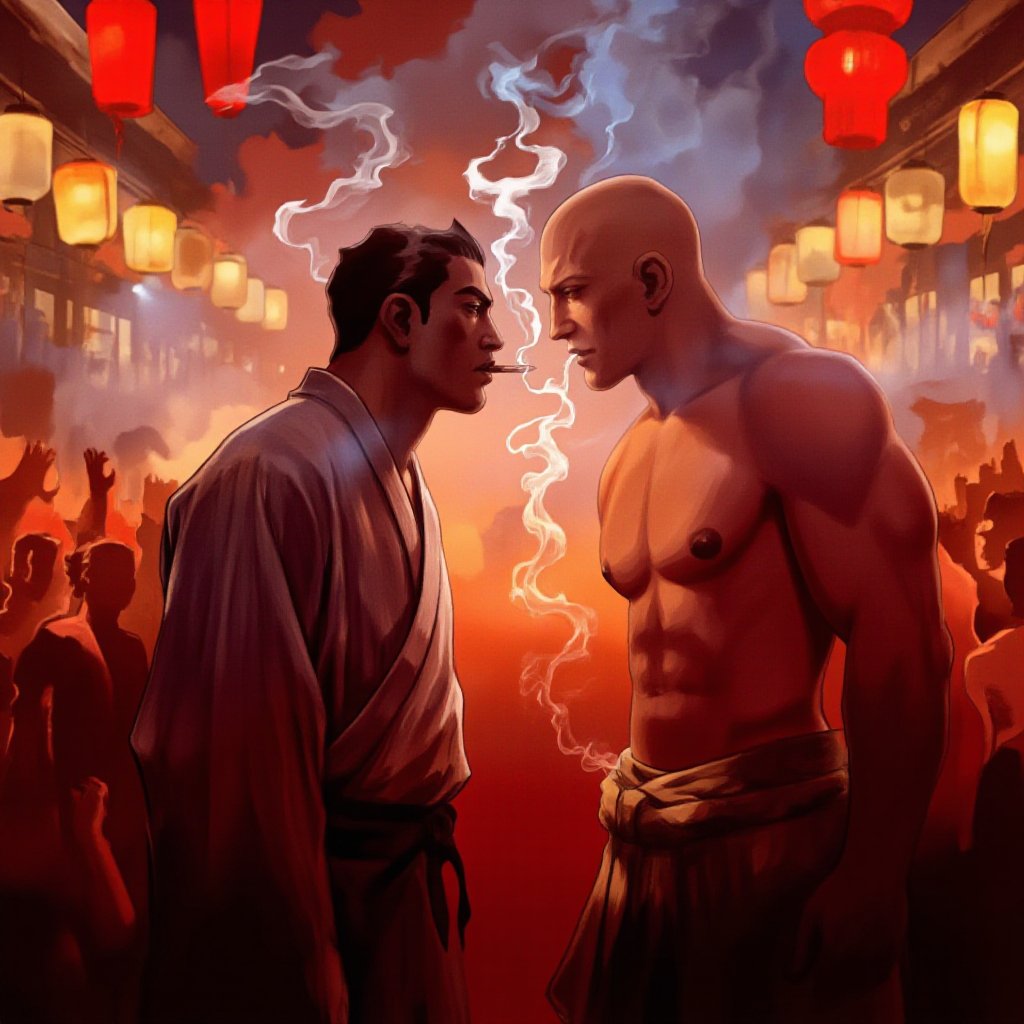 This vibrant photo captures a dramatic and intimate moment between two muscular characters smoking l,  set against a backd...