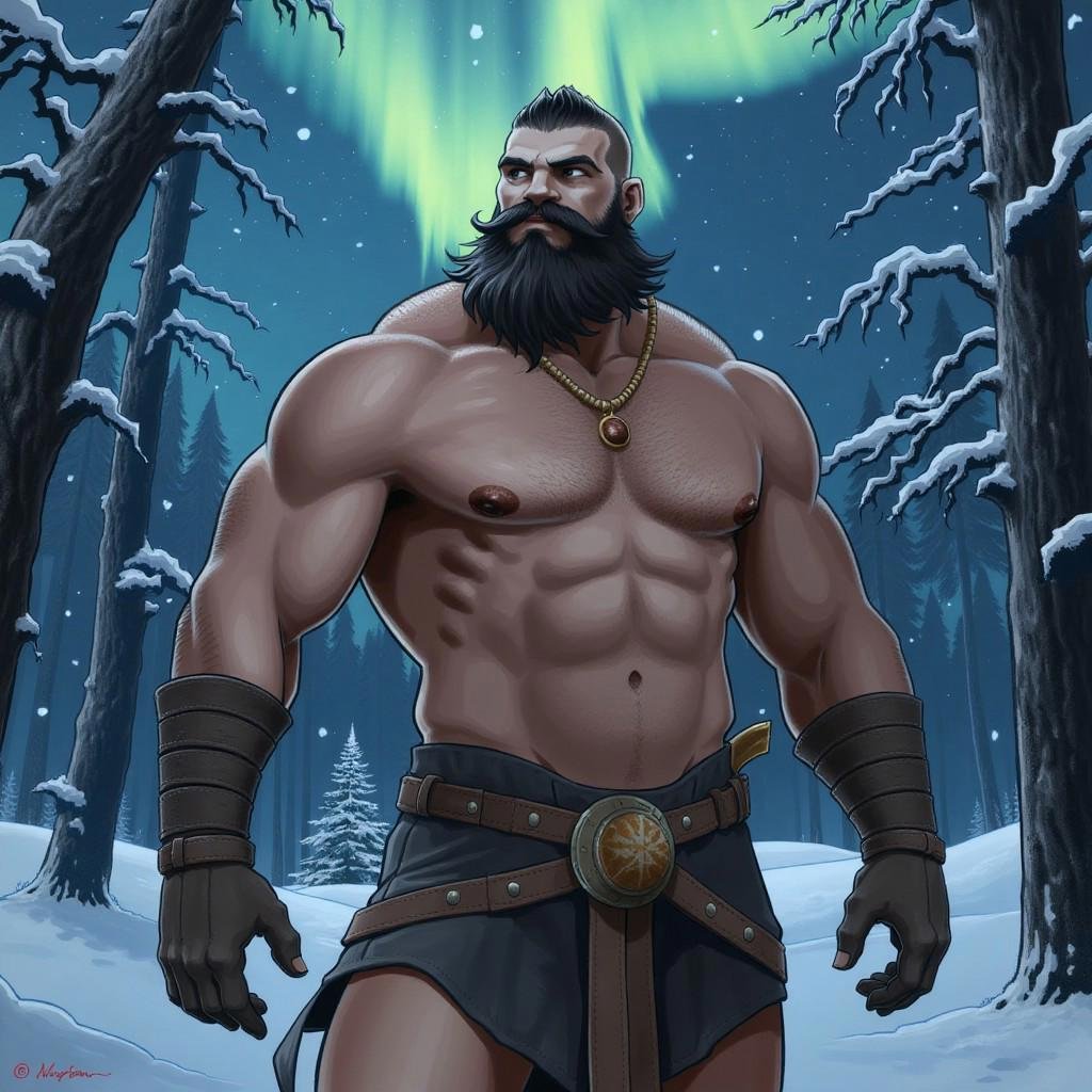 close up of big and tall rugged strongman warrior posing in winter forest,  wearing tiny ragged loincloth,  he has beard b...