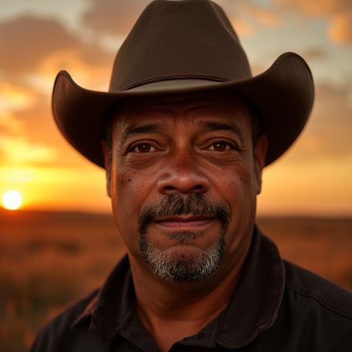 A close-up of a man with scars on his face,  wearing an old cowboy hat,  against a sunset prairie by Pavlaki on Tensor.Art