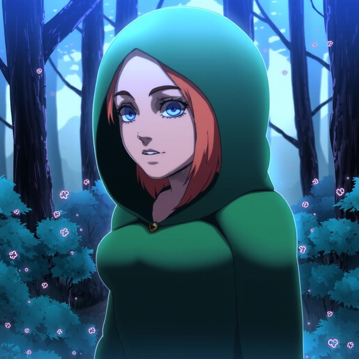 Highly detailed anime style picture,  waist up shot of a woman wearing a green cloak with the hood over her head,  orange...