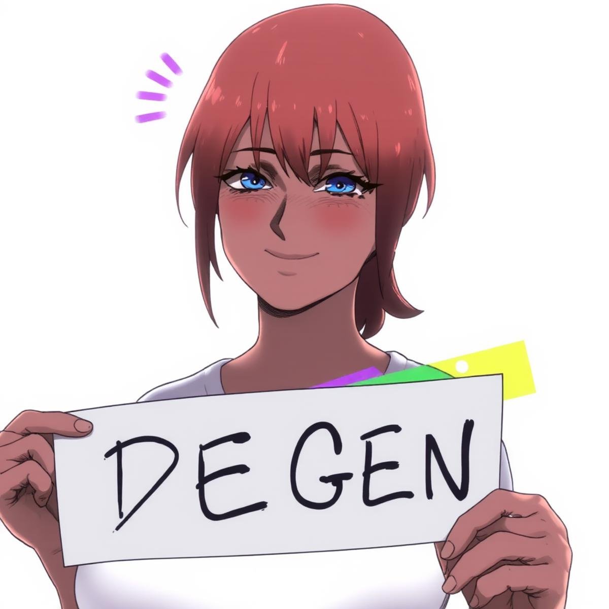 1girl holding a sign that says "DEGEN",  blank background,  portrait shot by Ai_Art_Factory on Tensor.Art