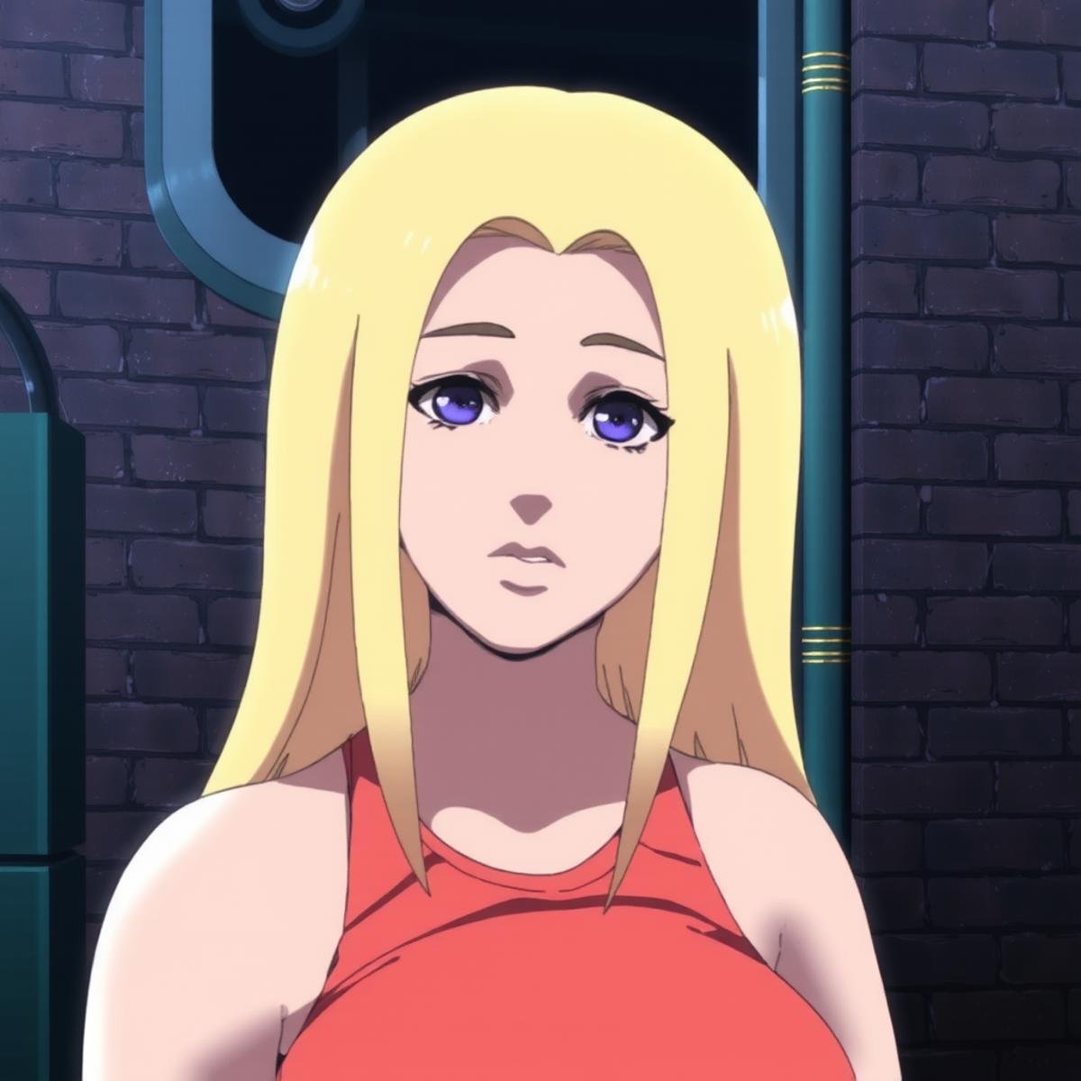 blond haired anime girl standing in front of a brick wall ,  brick wall in the background shiny blonde hair by Ai_Art_Fact...