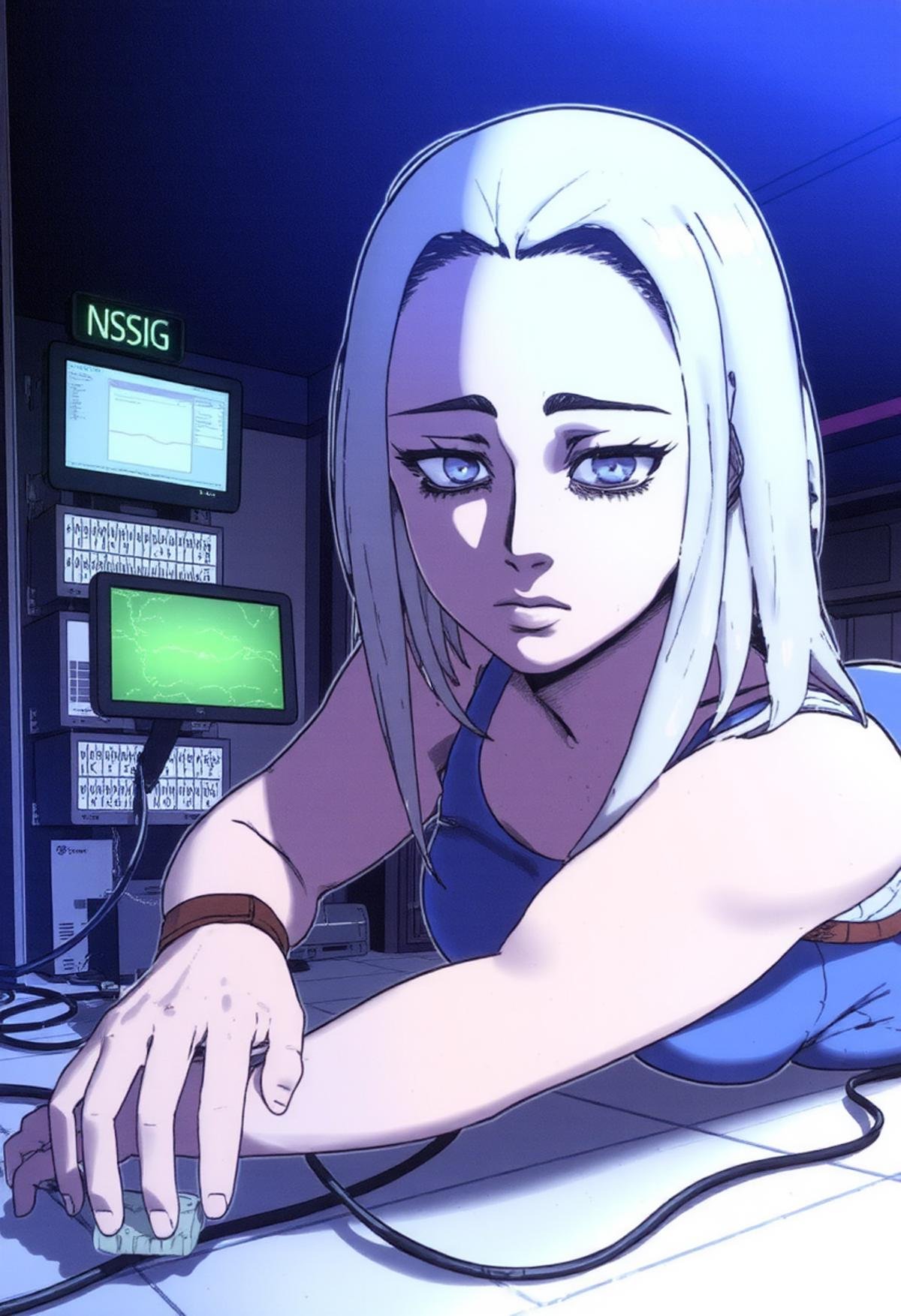 highly detailed anime picture,  waist up portrait shot picture of a woman laying on the floor inside of an indoors server...