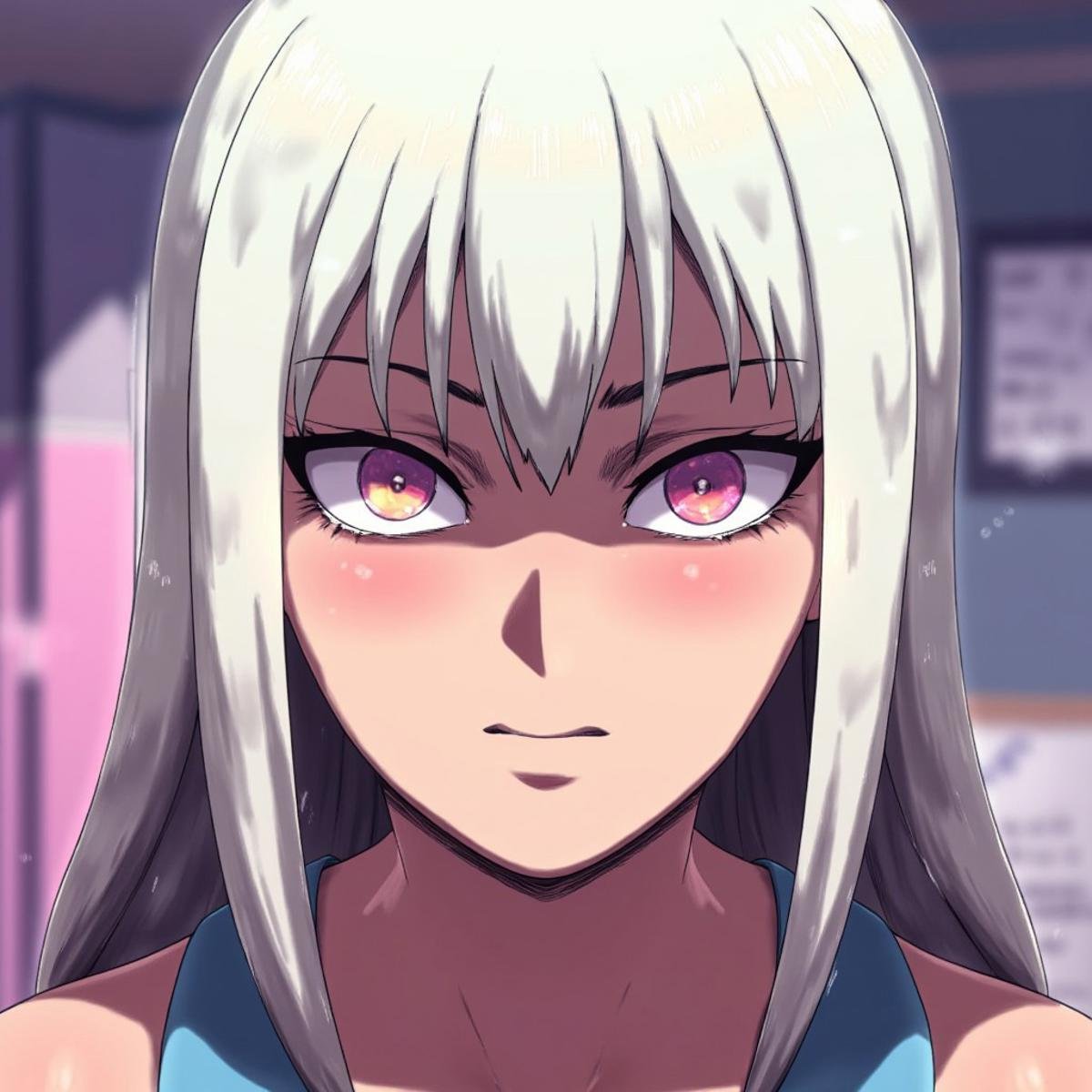 anime style picture,  skinny and pretty woman with white hair and "depicting an extreme close up face of a dainty young mi...