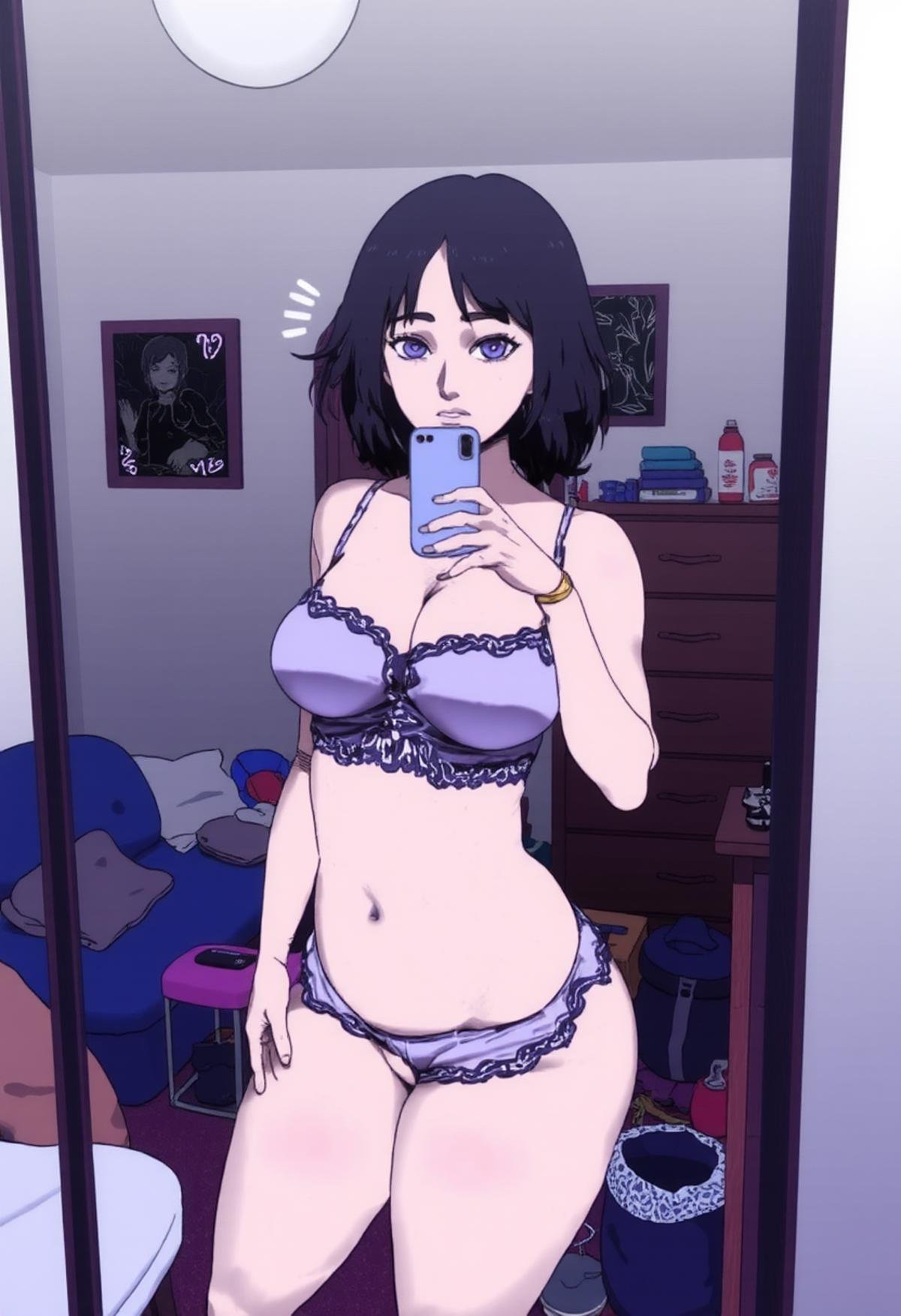 1girl standing in front of a full length mirror taking a selfie,  holding a cellphone while wearing elegant lingerie,  mes...
