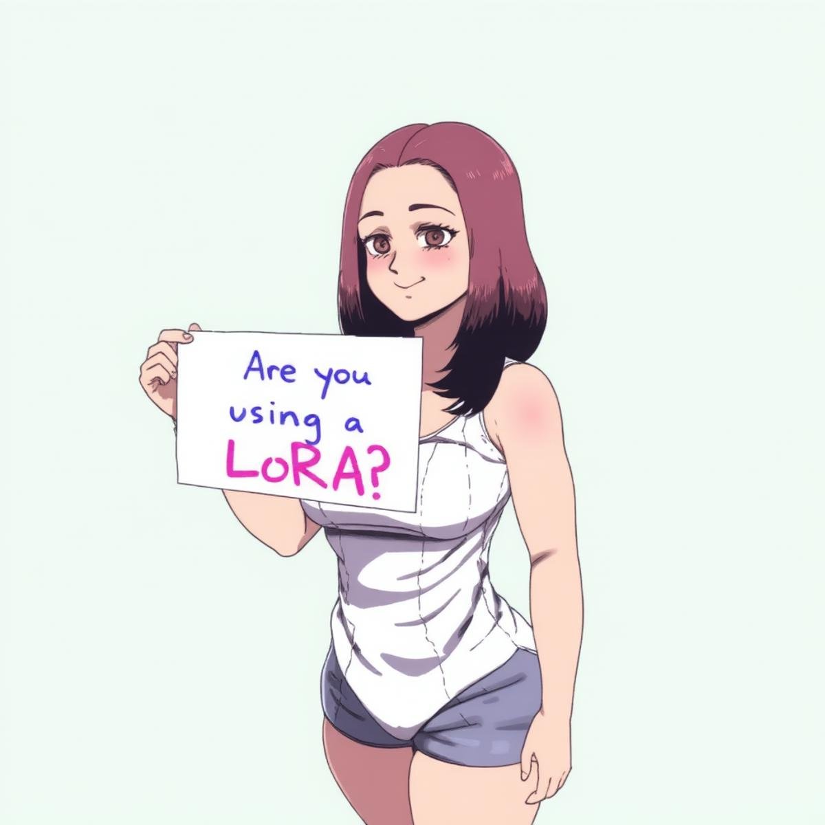 1girl holding a sign that says "Are you using a LoRA?",  blank background,  portrait shot by Ai_Art_Factory on Tensor.Art