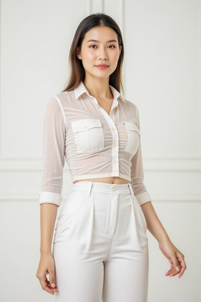 A detailed and striking portrait of a woman standing against a pristine white backdrop,  exuding confidence and elegance....