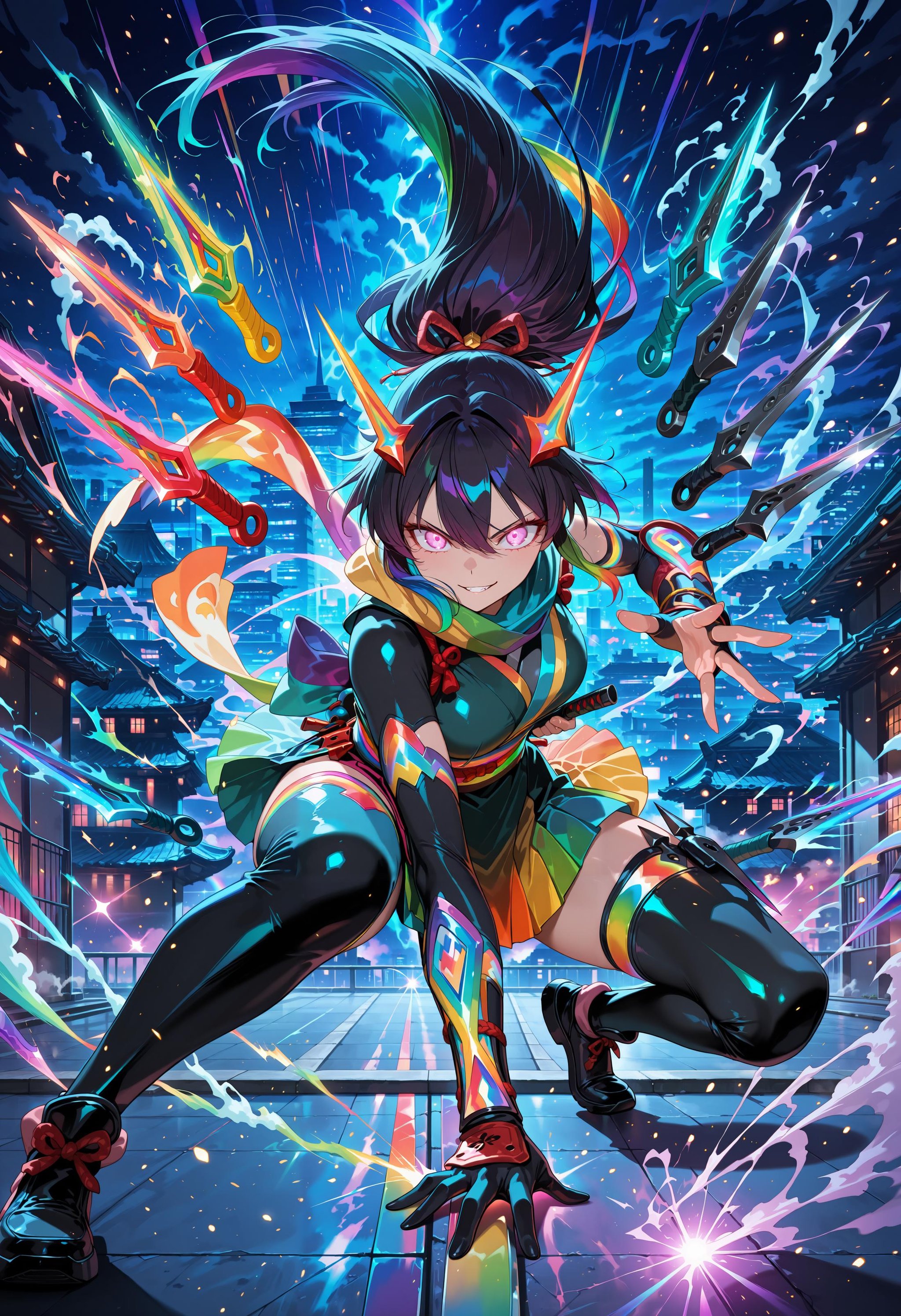 crazy anime ninja girl,  glowing throwing knives,  rainbow color weapons by VisionaryAI_Studio on Tensor.Art