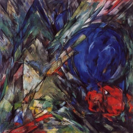a deep blue form on the right,  rounded form on her right. The overall composition is chaotic and dynamic,  intersected by...