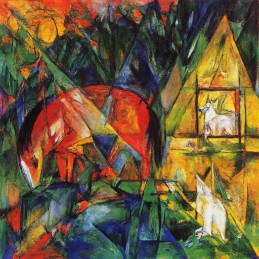 abstract painting by Franz Marc. The piece is a dynamic,  is reminiscent of the Fauvist style,  almost chaotic by Vhargon...