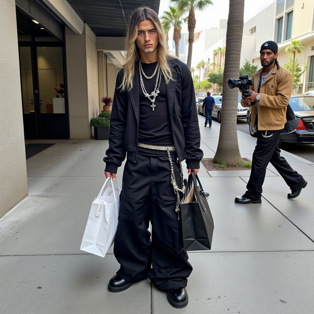 A paparazzi shot of MC Juliano walking in beverly hills,  with long straight hair,  MALE by chopcity on Tensor.Art