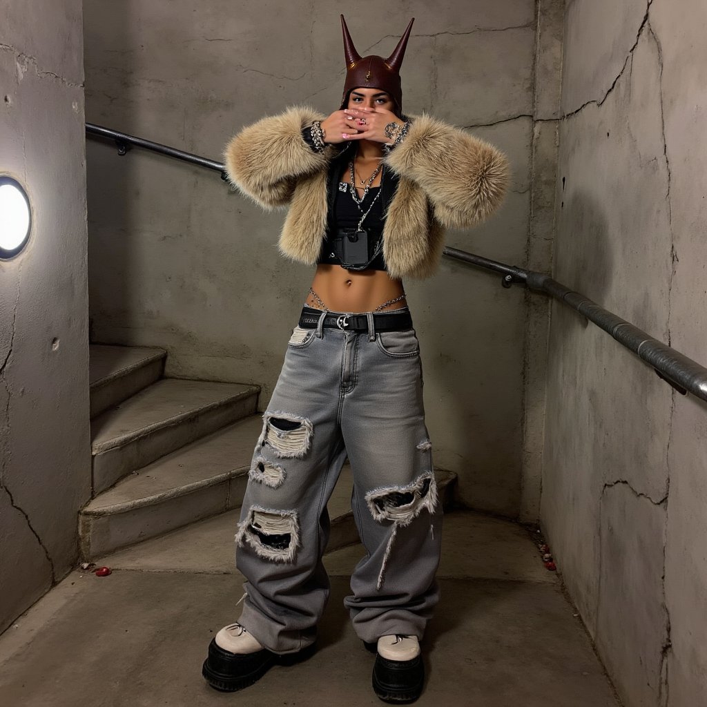 An Opiumcore Fashion MC Juliano poses in a gritty,  urban stairwell with cracked concrete walls. The outfit features overs...