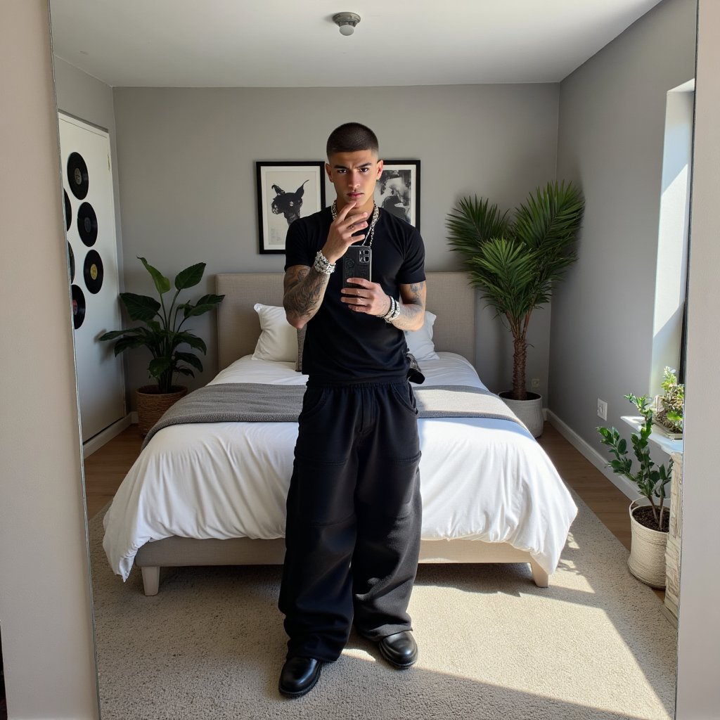 A mirror selfie of MC Juliano in a luxury house bedroom in Ojai,  California,  selfie by chopcity on Tensor.Art