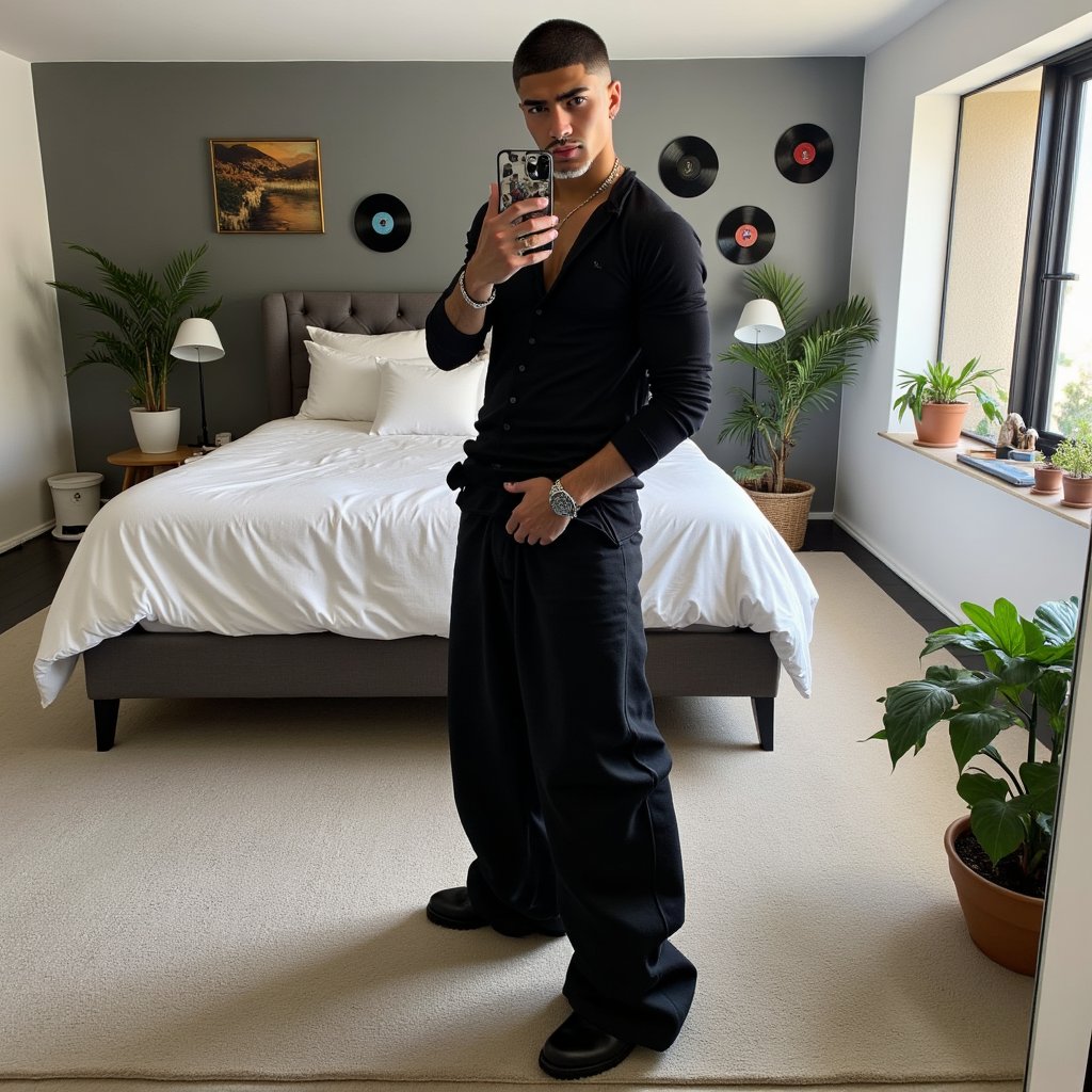 A mirror selfie of MC Juliano in a luxury house bedroom in Ojai,  California,  selfie by chopcity on Tensor.Art