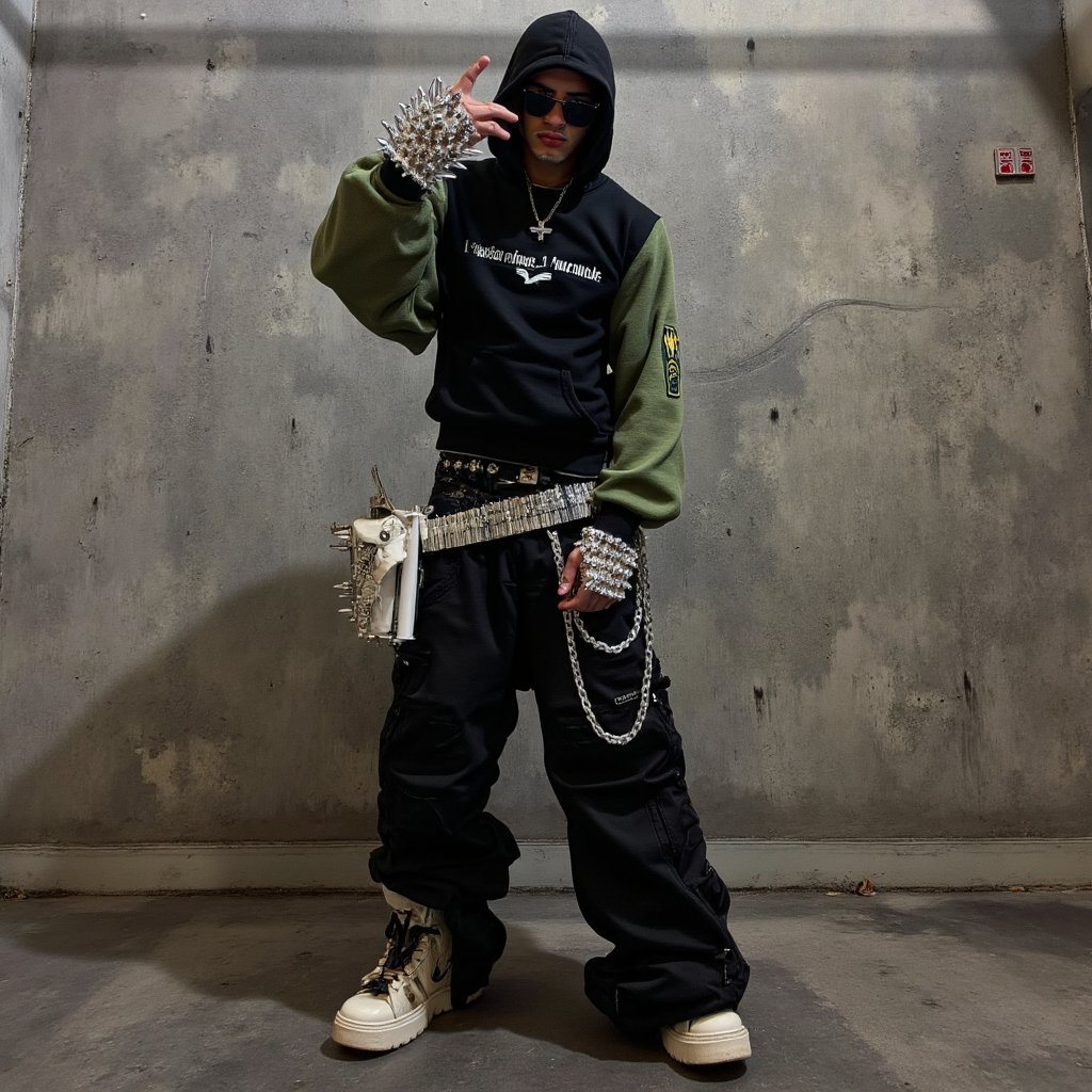 00PIUMCORE Fashion model wearing a bold,  rebellious ensemble. The outfit includes a black hooded sweatshirt with the text...