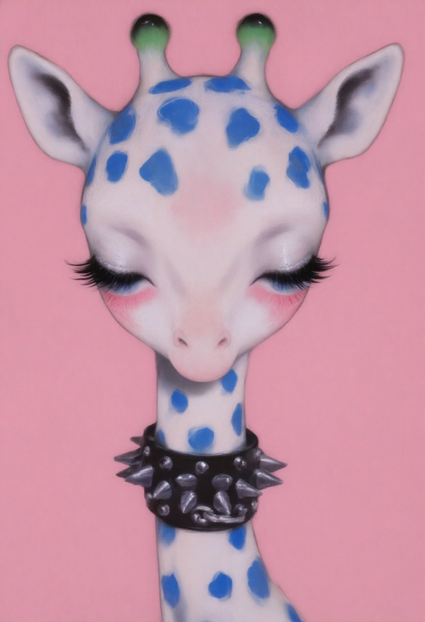m1sty_style ,  giraffe-like creature with blue spots on its head and large,  blue eyes with long eyelashes. It has two sma...