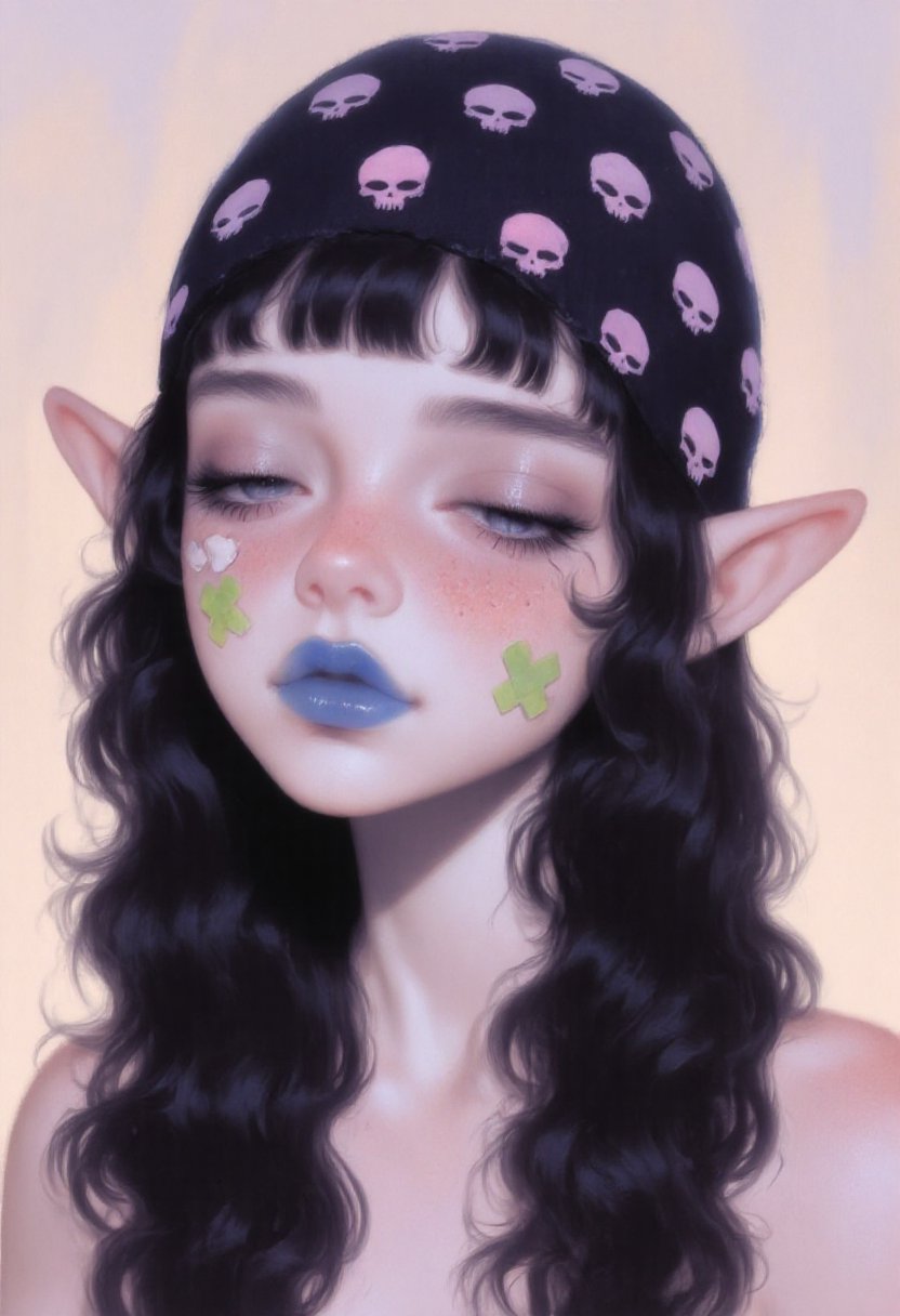 m1sty_style ,  elf woman with long,  wavy black hair. She wears a black beanie with pink skull patterns by riiwa on Tensor...