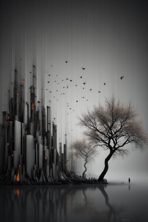 The image depicts a surreal landscape where a cityscape is integrated into a natural environment. The cityscape is compose...