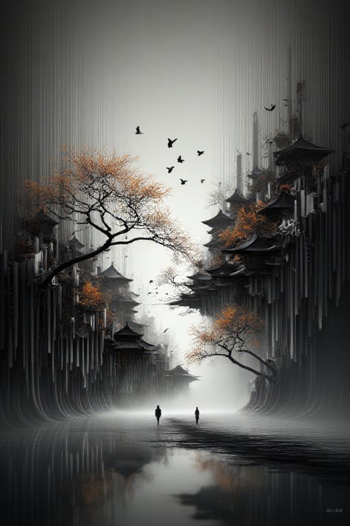 The image depicts a surreal landscape with a blend of traditional East Asian architecture and fantastical elements. On the...