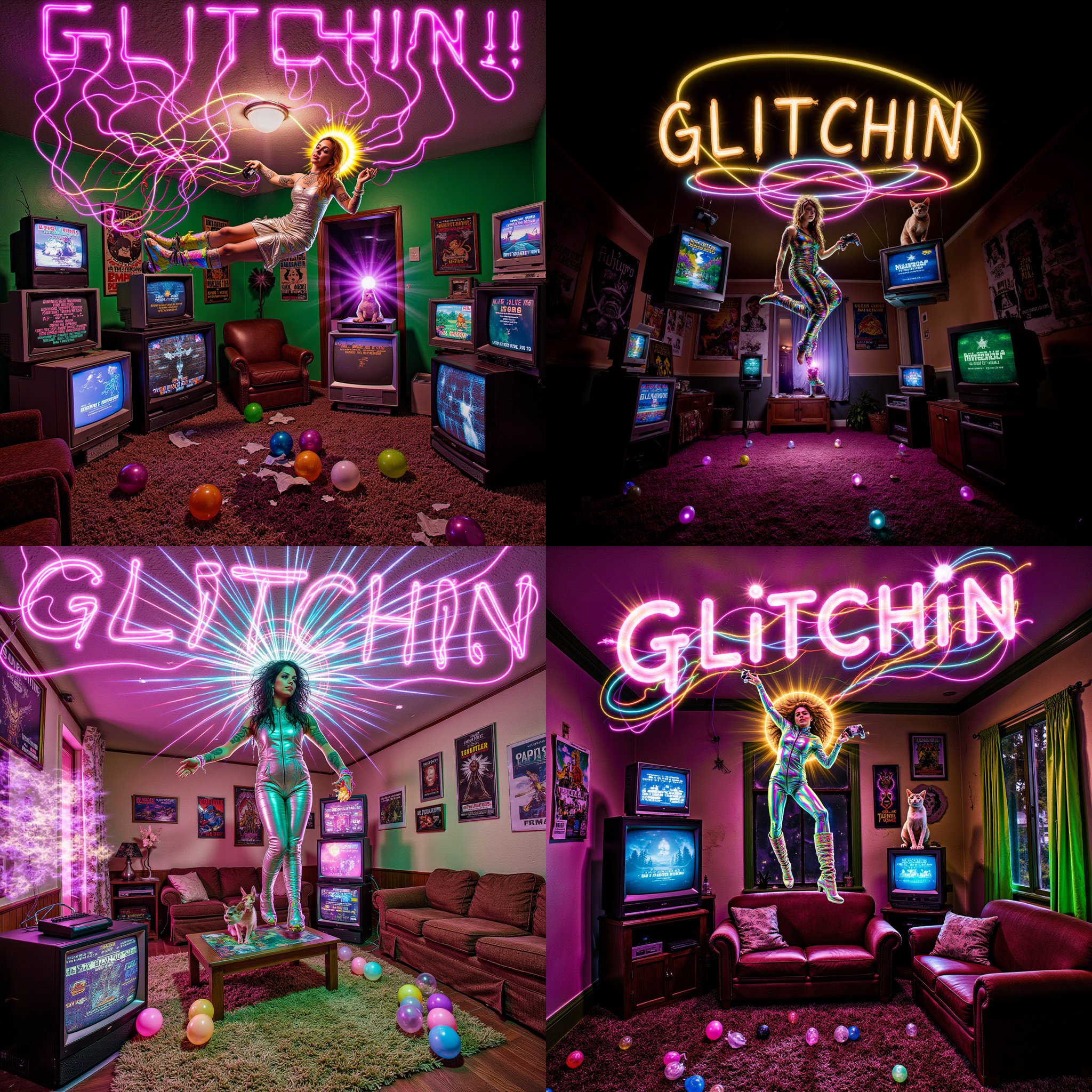 ohwx Neon light streaks spell out the word "GLITCHIN" and arc wildly through a warped zero-gravity space forming tangled r...
