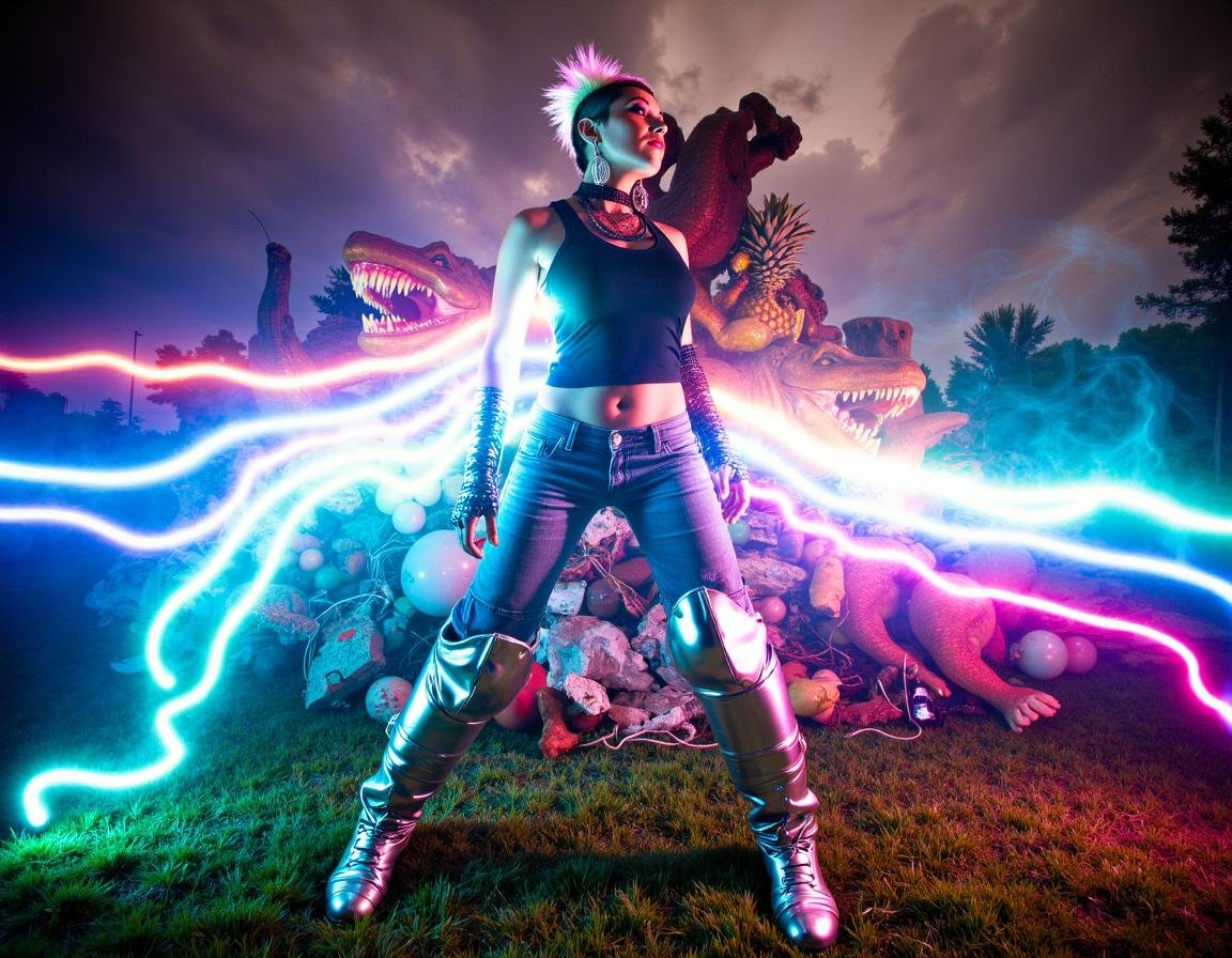 extremely wide angle full body photo cut-off denim shorts and giant metal boots and giant metal gloves like armor large at...