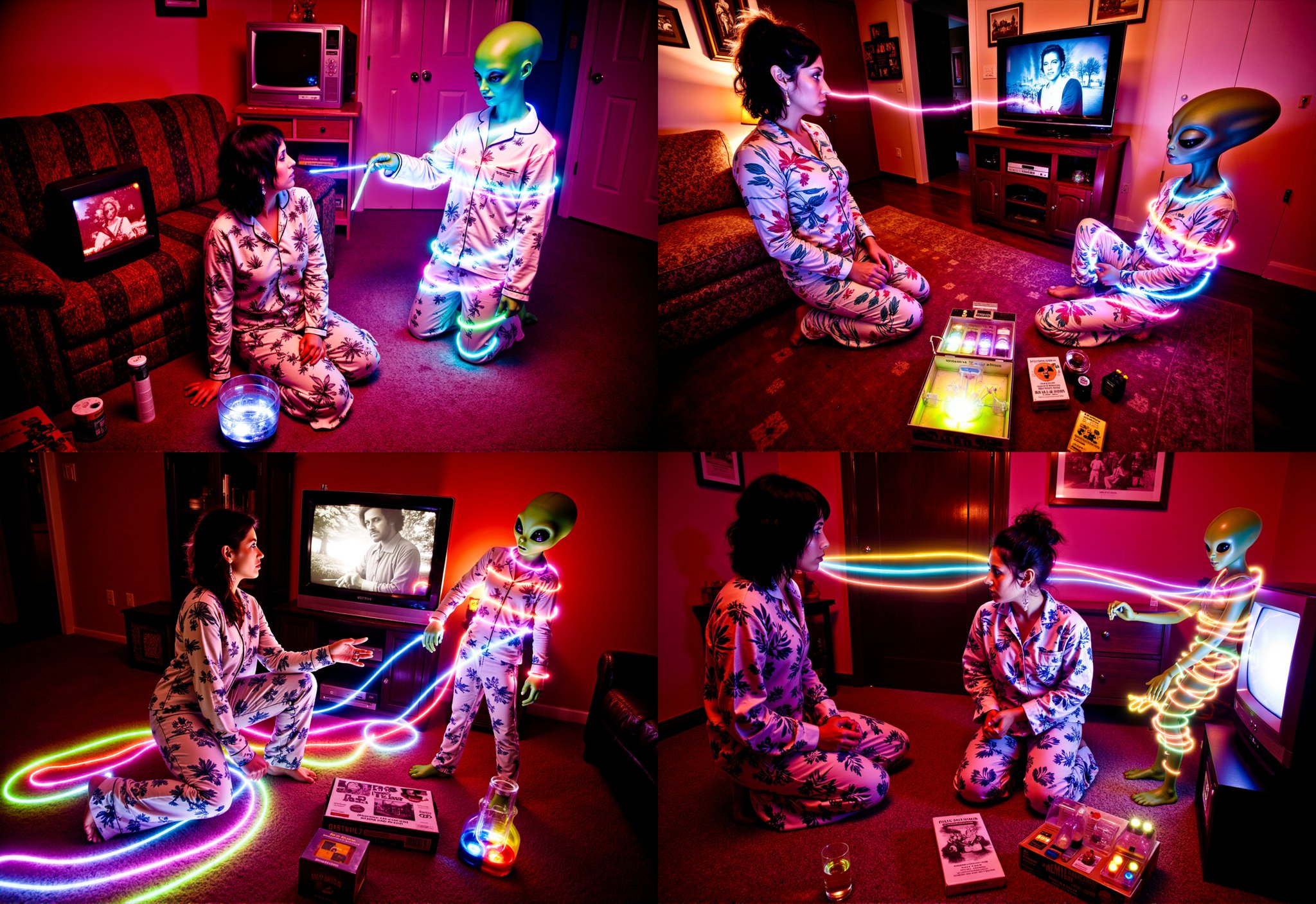 colorful ohwx Neon light trails ,  woman wearing tropical patterned baggy pajama pants,  and baggy long sleeved pajama shi...