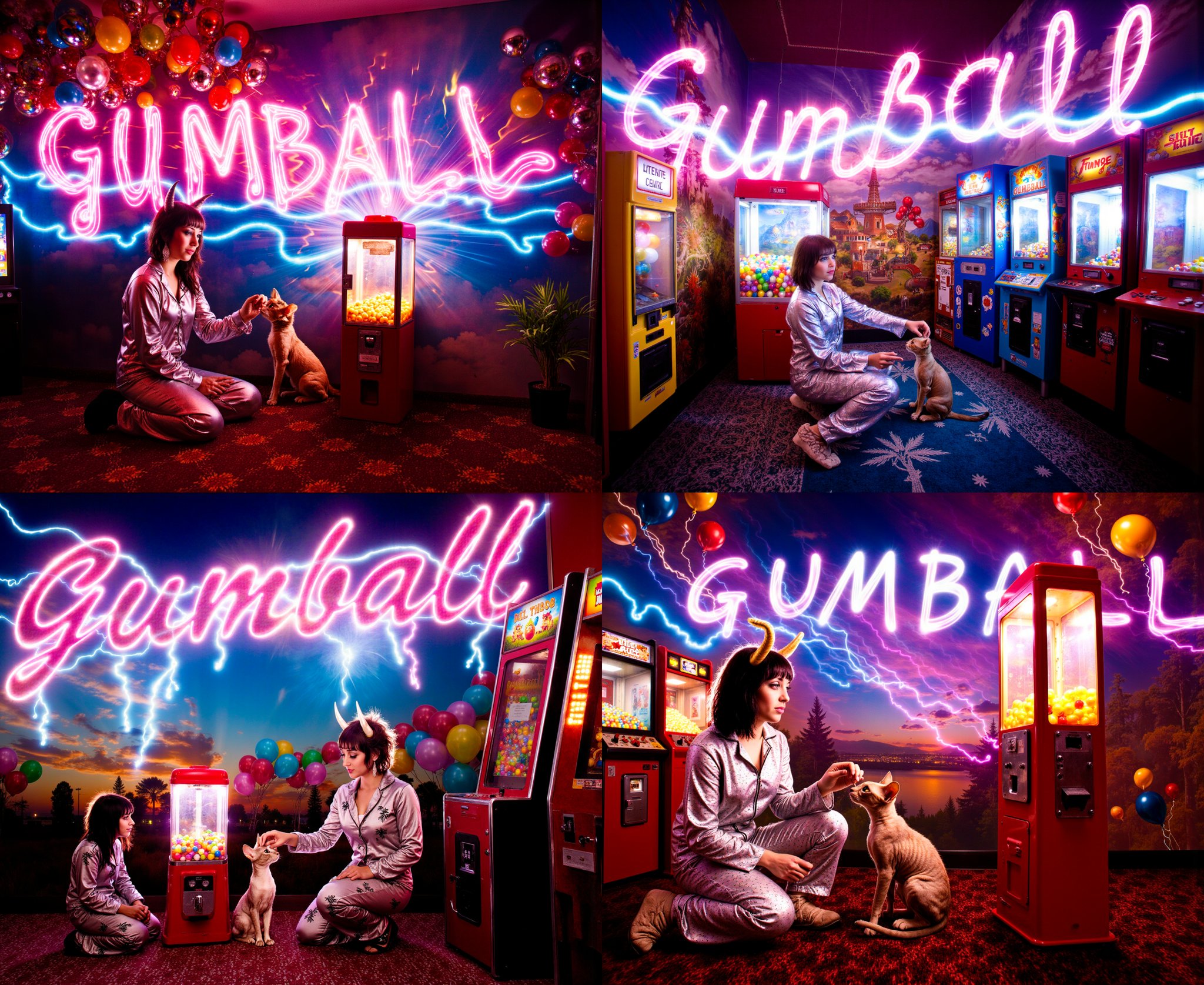 ohwx Neon light trails in the sky spell out in cursive letters "GUMBALL" in long exposure lightning bolts raining down fro...