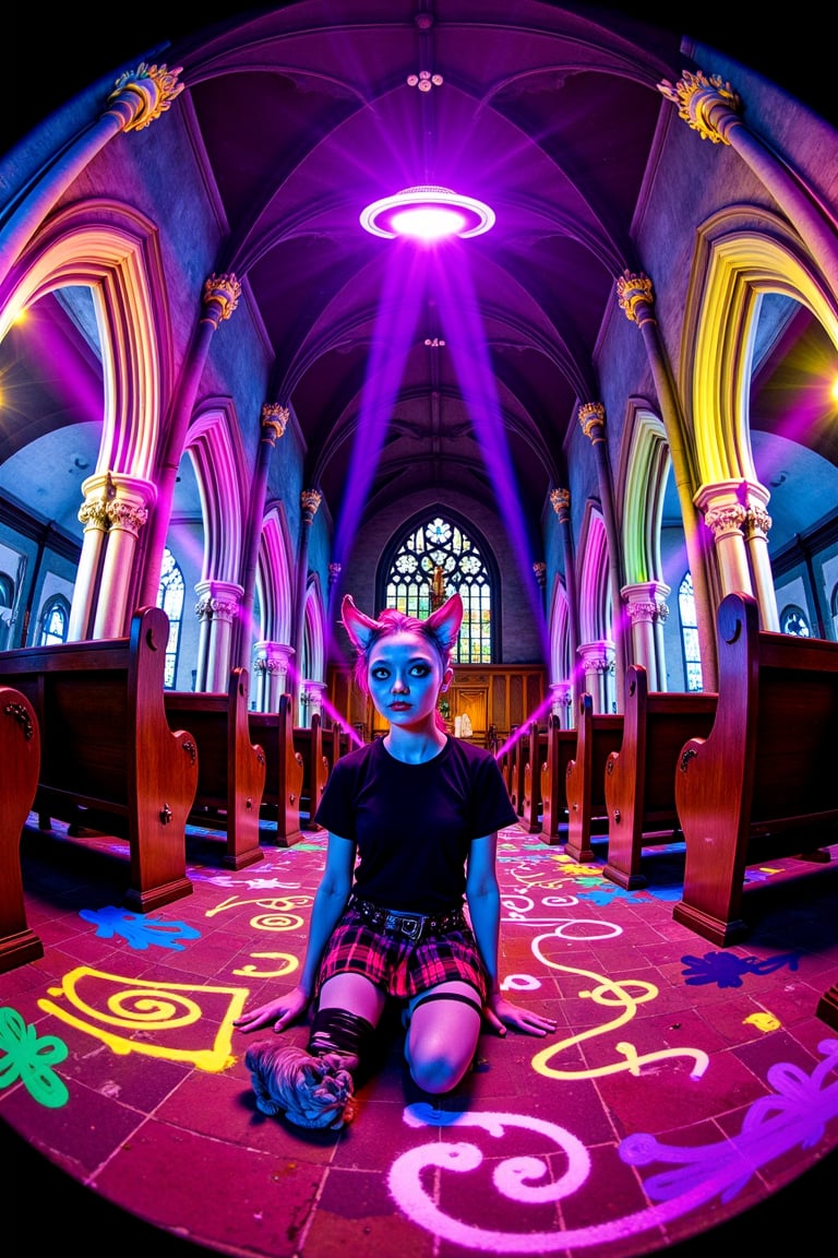 ohwx off-center rule-of-thirds tilted dutch angle blacklight photo. Slanted horizon. Irregular fiber optic whips electric...