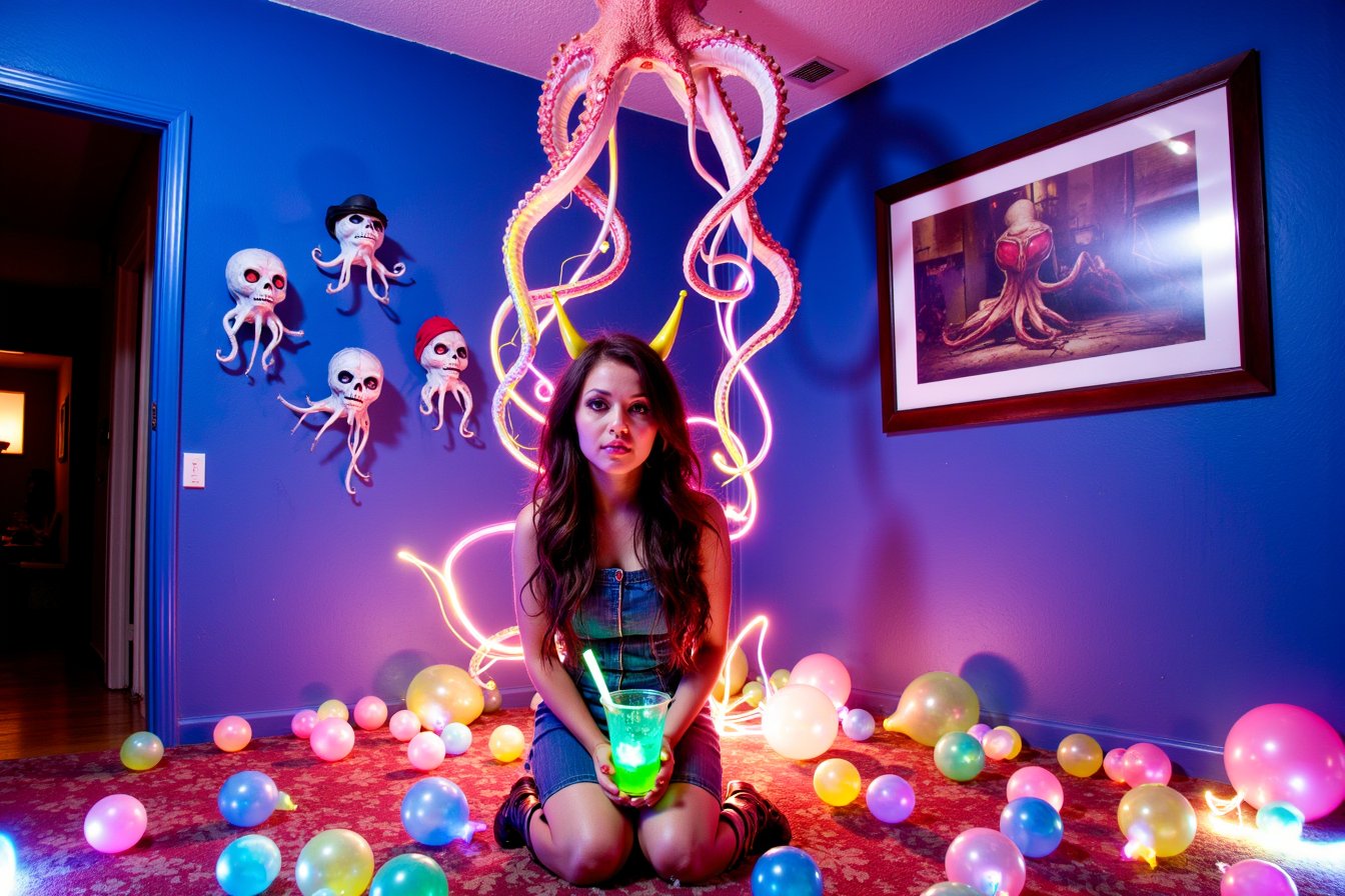 ohwx the scene-- a large a blue room with cool ambient light. realistic octopus tentacles coming out of the ceiling neon l...