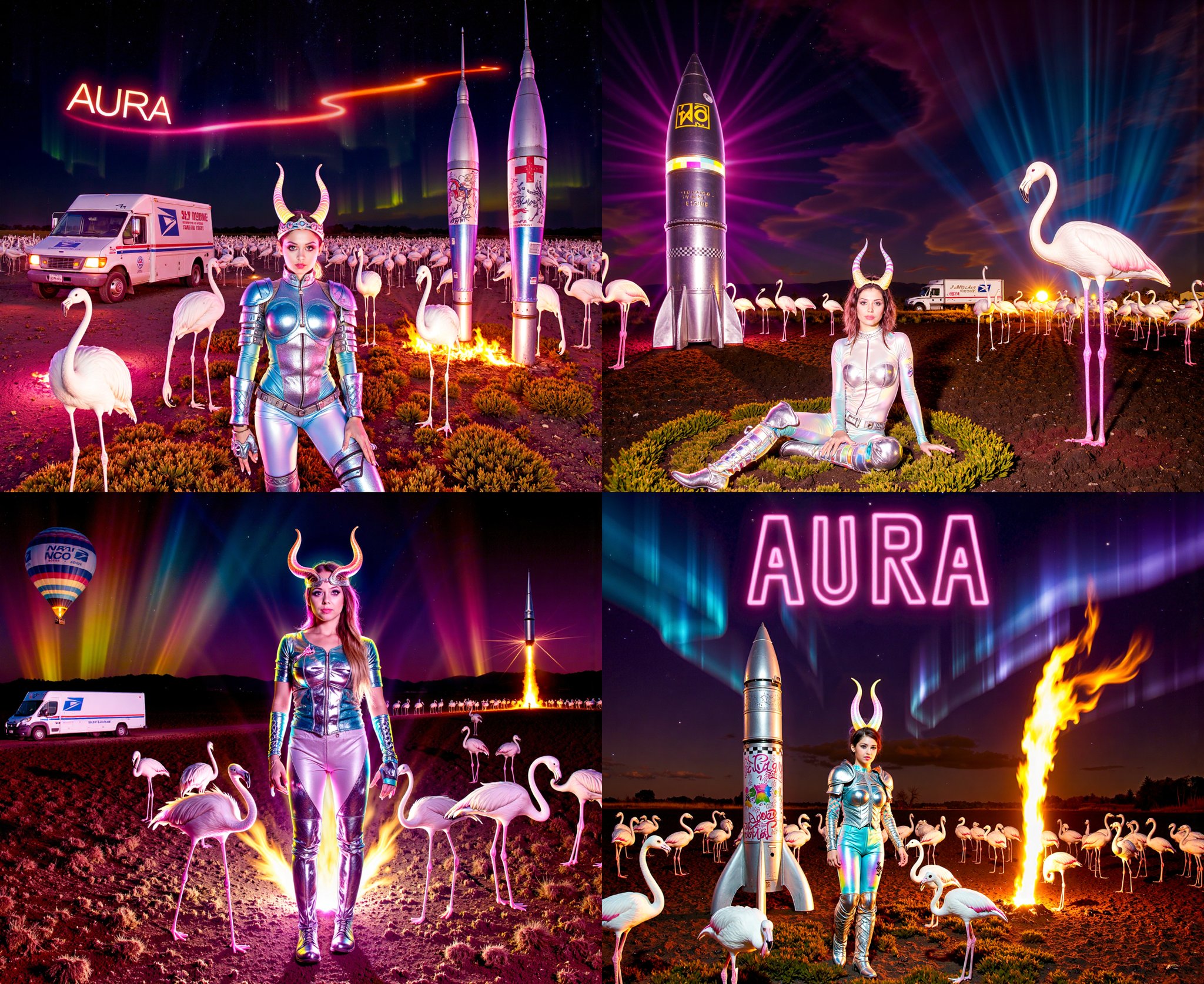 bold light graffiti long exposure neon light trails and light painting that spells out "AURA" in the sky like luminous ele...