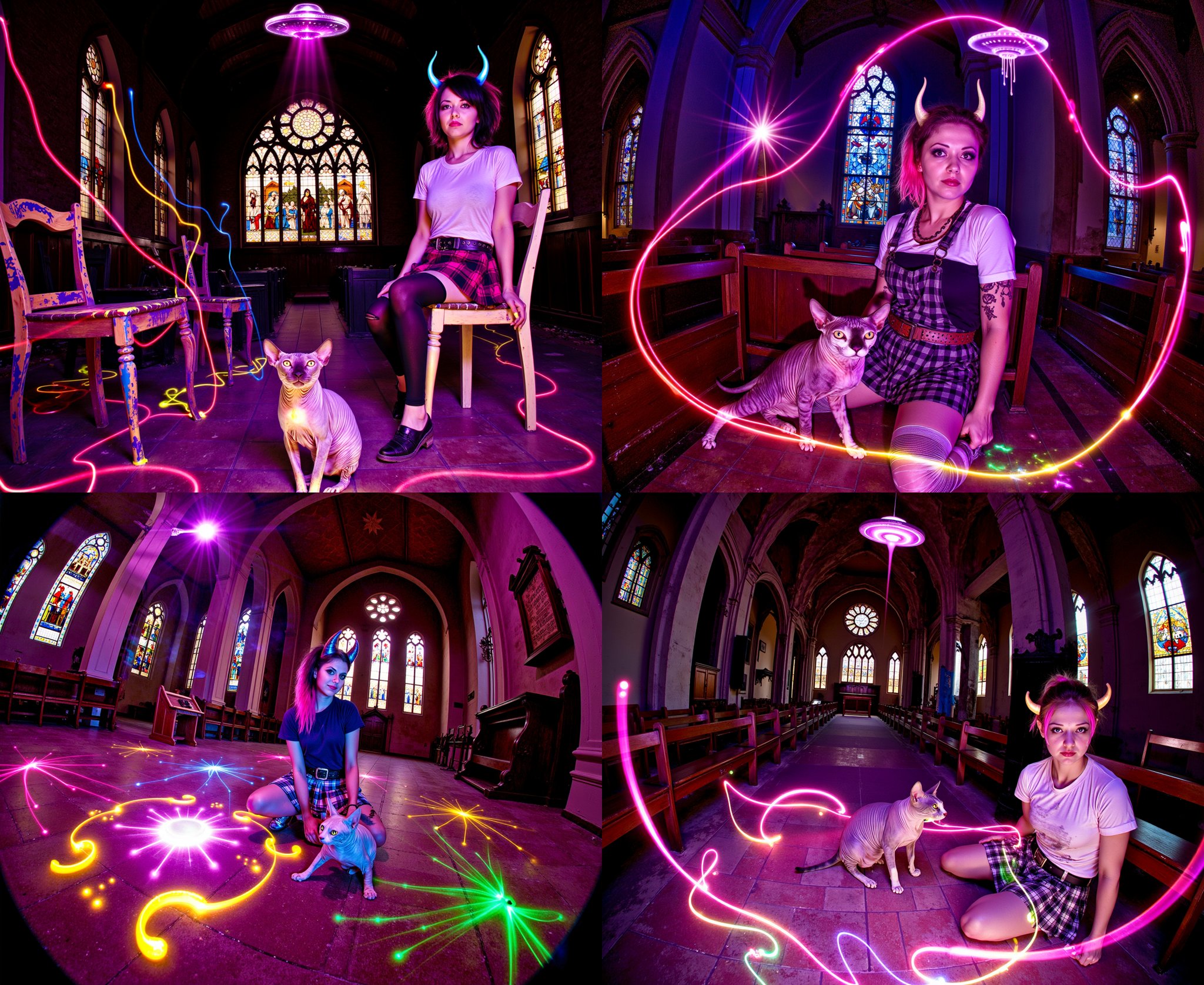 ohwx off-center rule-of-thirds tilted dutch angle blacklight photo. Slanted horizon. Irregular fiber optic whips electric...