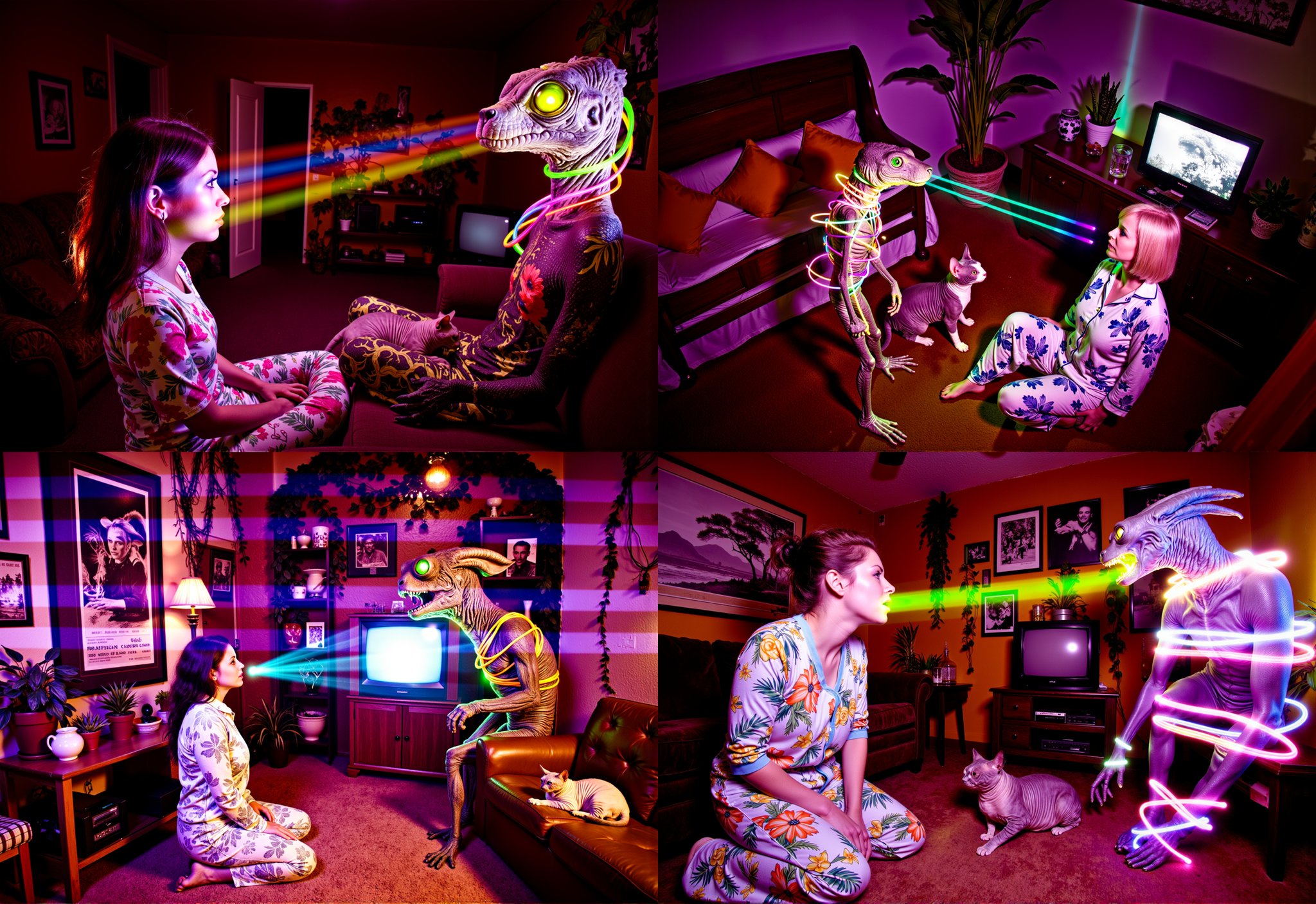 extra wide angle photo showing a giant brightly lit 80s vintage living room at night in darkness,  fisheye photo--colorful...