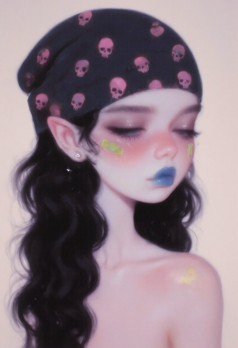 m1sty_style ,  elf woman with long,  wavy black hair. She wears a black beanie with pink skull patterns by riiwa on Tensor...