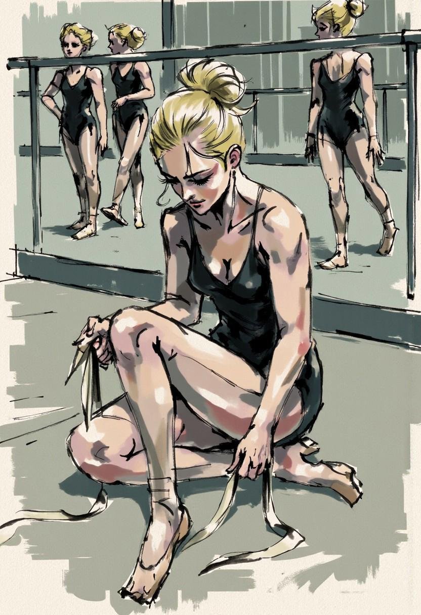 A meticulously detailed color sketch of a female dancer sitting on the floor in a dance studio,  The woman is seen from ab...