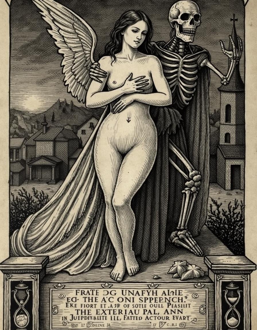 Renaissance allegorical engraving,  a nude winged female figure embraced by a skeletal angel of death,  symbolic of mortal...