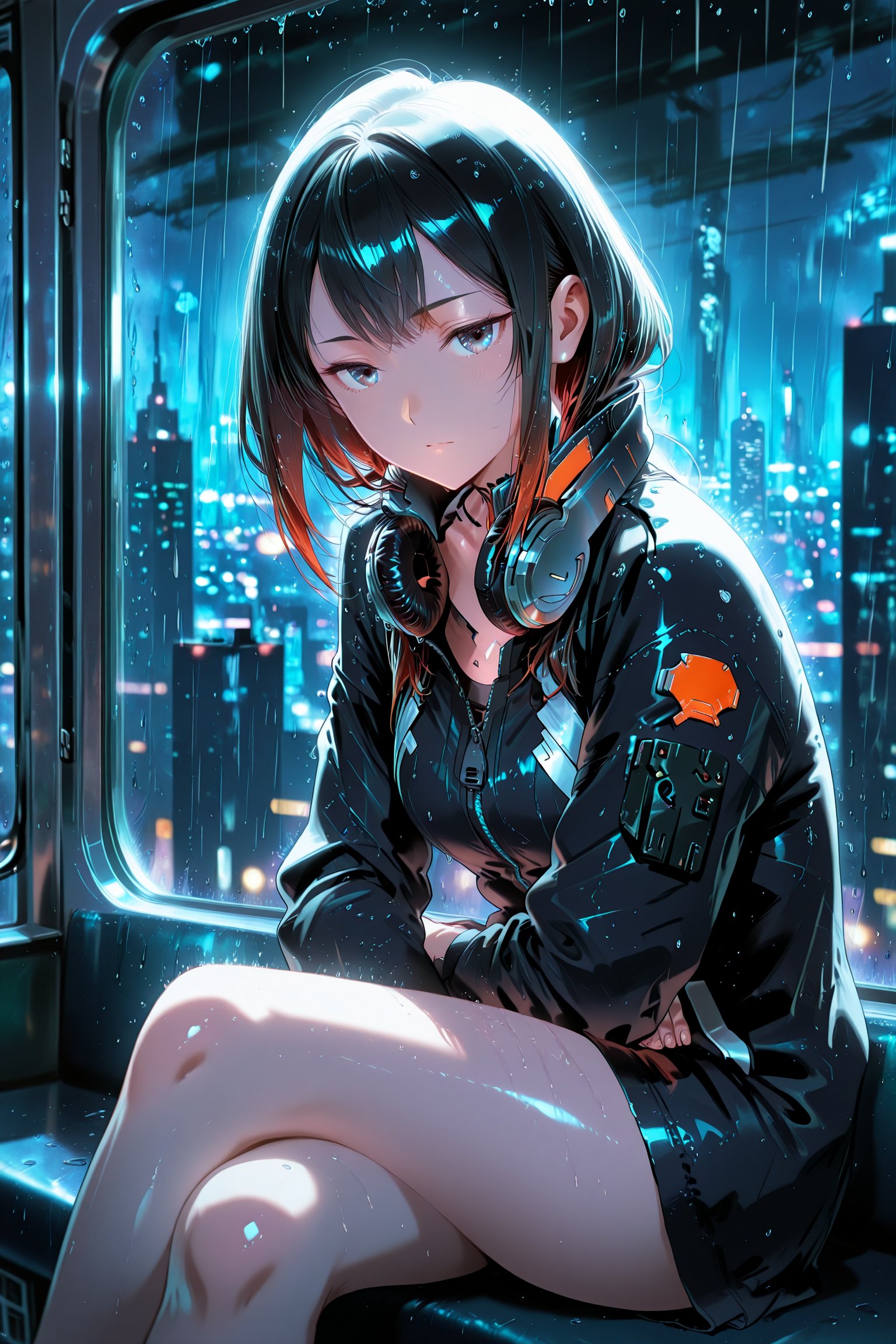 sitting near a window on a cyberpunk train,  rain hitting the glass,  city lights outside by SynoGallery on Tensor.Art