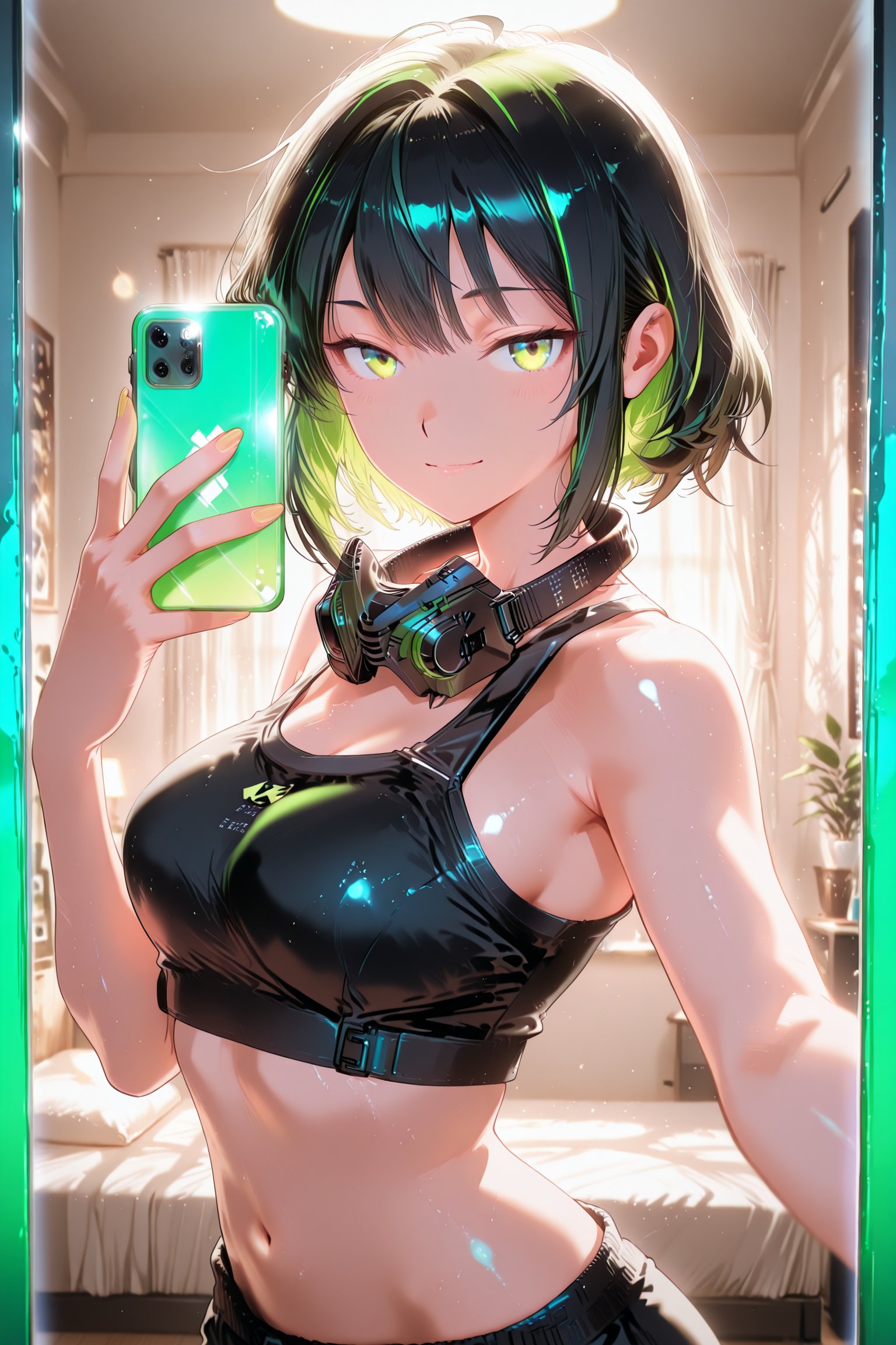 taking a mirror selfie in her room,  techwear crop top and underwear,  mask down around neck by SynoGallery on Tensor.Art