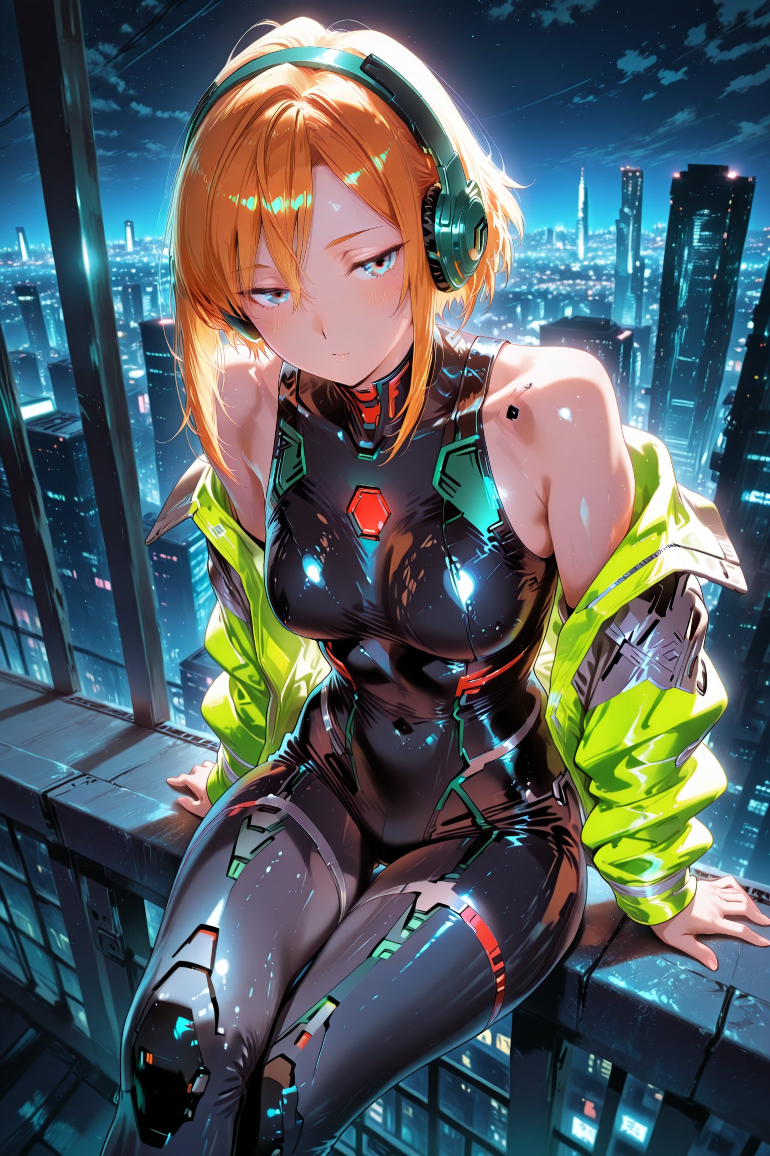 sitting on a rooftop ledge,  jacket slipping off one shoulder,  black bodysuit visible by SynoGallery on Tensor.Art