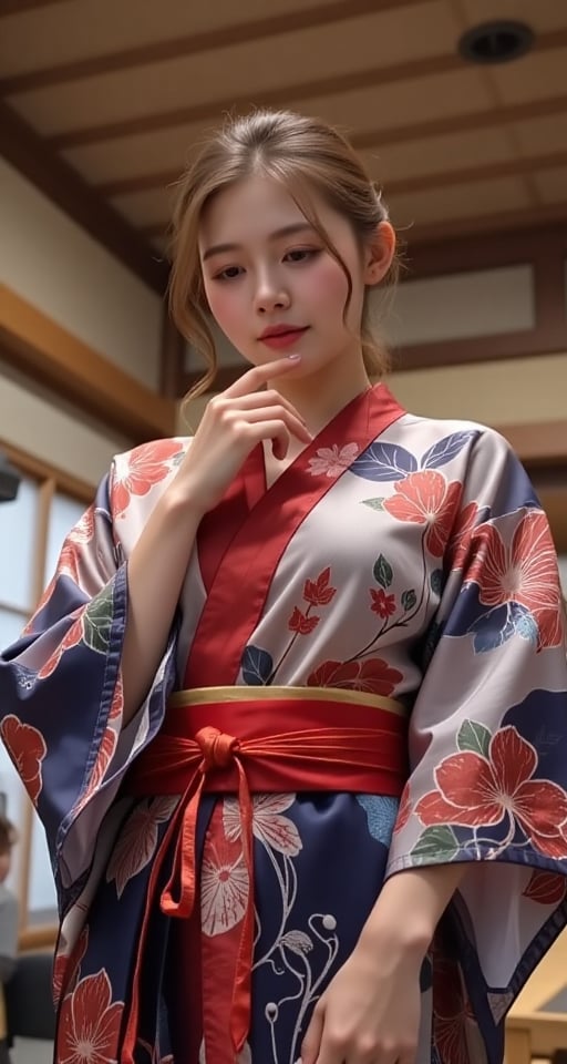 1girl solo japanese clothes indoors kimono lips sash obi looking down from below masturbation fingering female masturbatio...