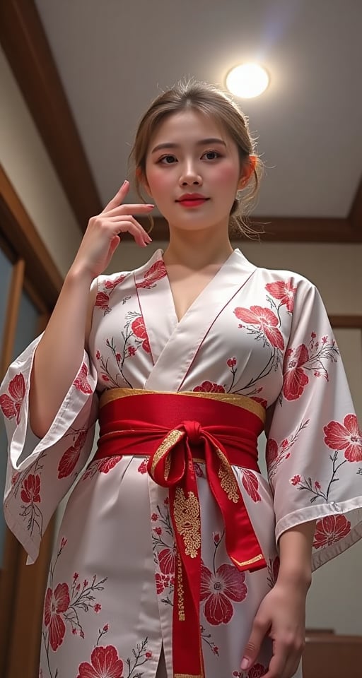 1girl solo japanese clothes pussy indoors kimono lips sash obi looking down from below masturbation fingering female mastu...