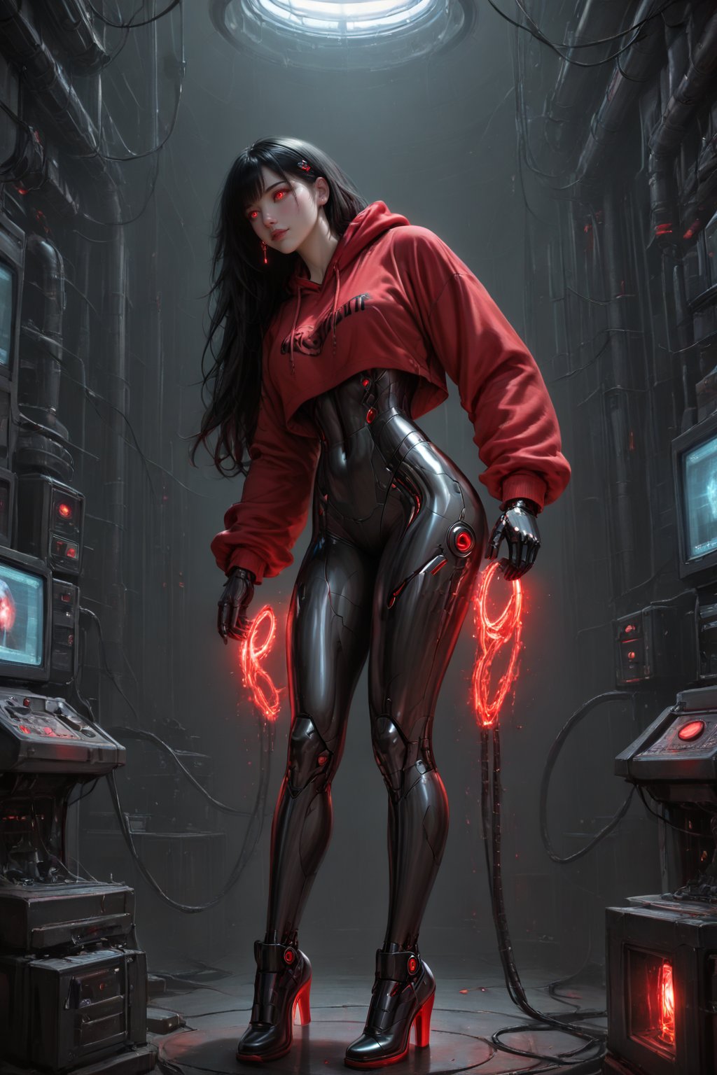 (((1 girl,  solo: 1.8))),  side view. a digital painting showcasing a cybernetic woman with long black hair and a slender...