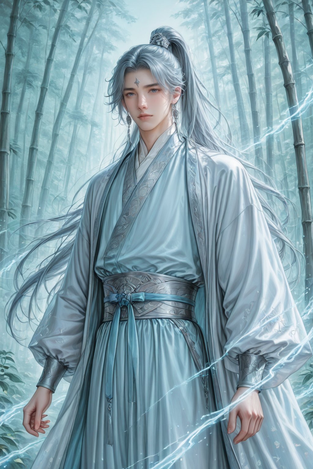 A young man with hair tied in a ponytail,  wearing traditional blue Hanfu with silver embroidery. surrounded by swirling f...