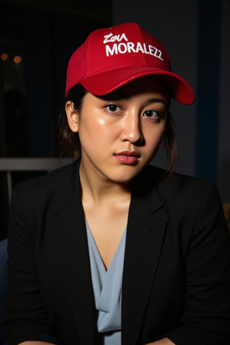 A close-up photograph of a young Asian woman with a medium skin tone and short black hair. She wears a red cap with white...