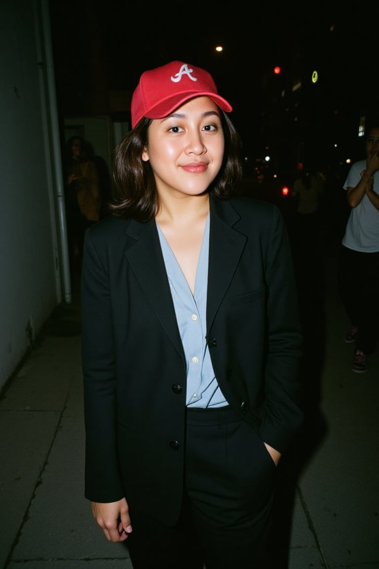 Photograph of a young woman with a medium build and light brown skin,  wearing a red cap backwards,  She is dressed in a b...